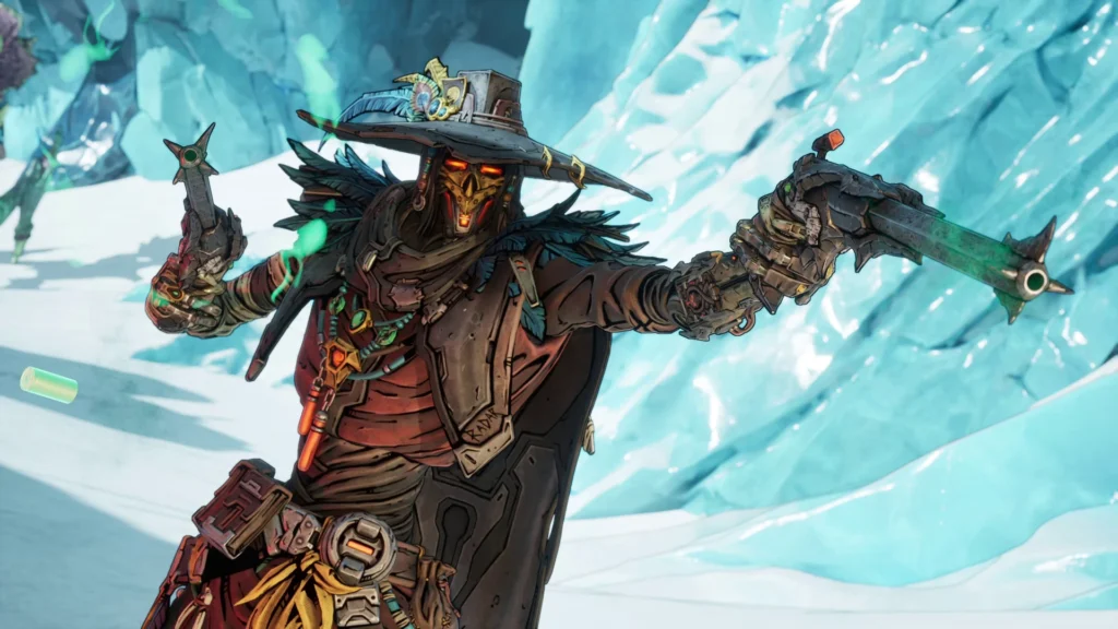 Personaje de Borderlands 4 con sombrero y máscara empuña dos armas entre paredes de hielo azulado.