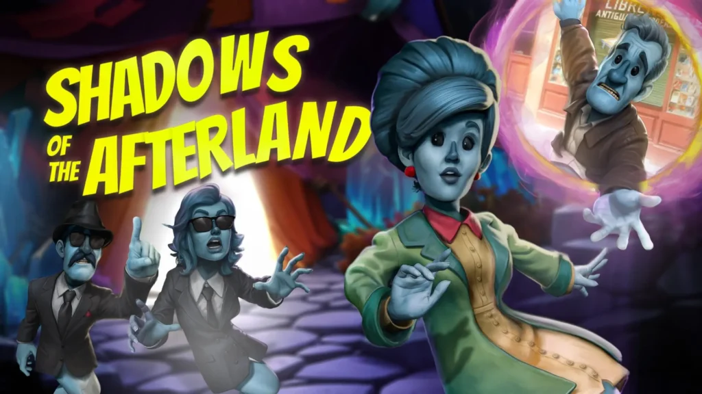 Cartel de Shadows of the Afterland, la aventura de fantasmas de Aruma Studios, con sus protagonistas espectrales.