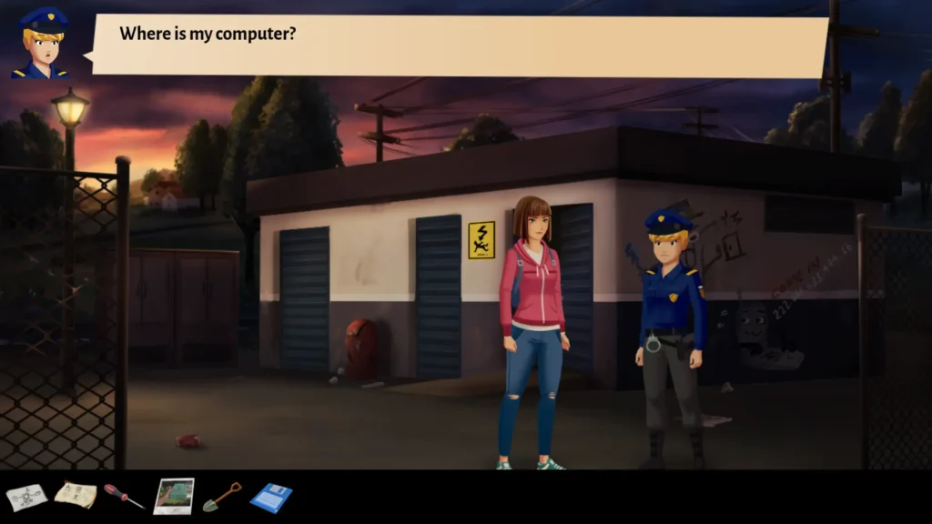 Policía interroga a la protagonista sobre su ordenador en una escena nocturna de Antiquonia.