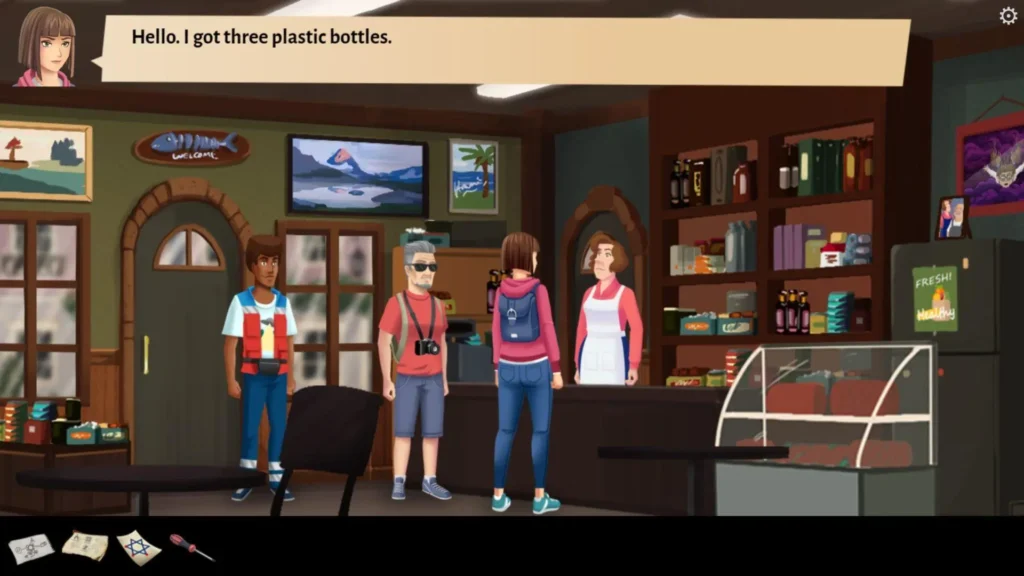 Protagonista entrega tres botellas de plástico en una tienda de Intruder in Antiquonia.