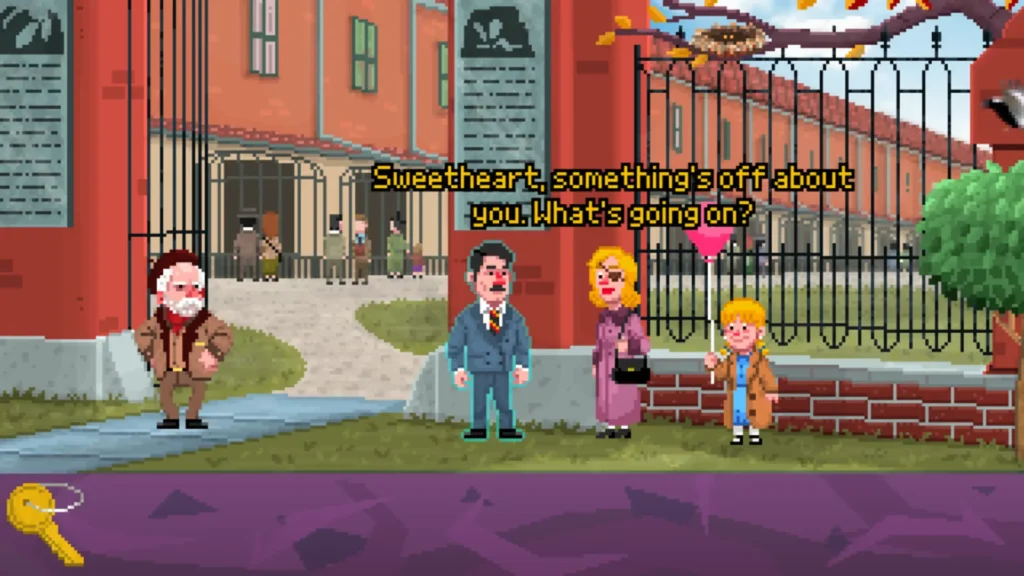 Escena pixel art de un juego de Aruma Studios, con una familia inquieta ante un hombre mayor.
