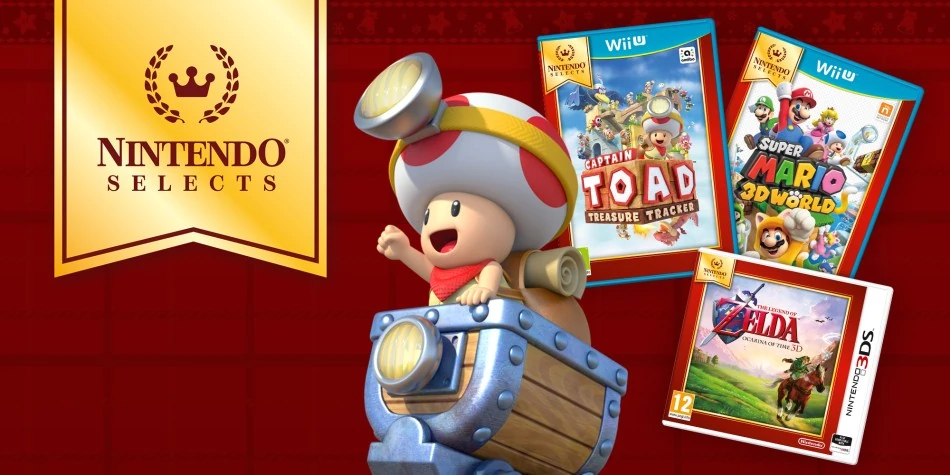 Toad y varios juegos en formato físico de fondo que pertenecen a la familia de Nintendo Selects.