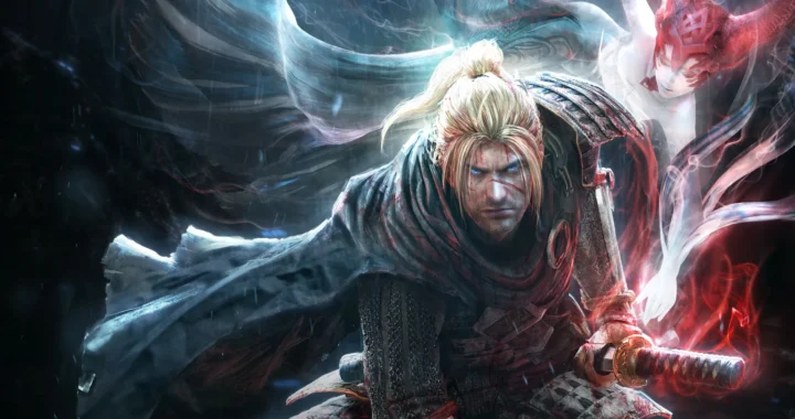 William, protagonista de Nioh, como ejemplo del efecto ancla en los videojuegos: empuña su katana ensangrentada flanqueado por dos yōkai en la tormenta.
