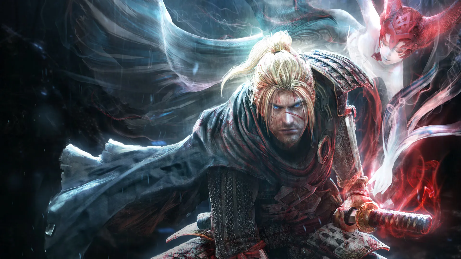 William, protagonista de Nioh, como ejemplo del efecto ancla en los videojuegos: empuña su katana ensangrentada flanqueado por dos yōkai en la tormenta.