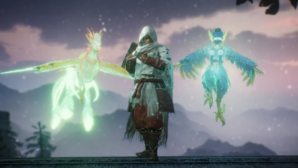 Samurái de Nioh 3 vestido de blanco junto a dos guardianes espectrales alados, uno dorado y otro azul.