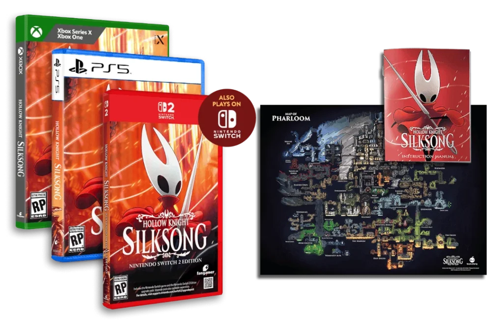 Diferentes carátulas que va a tener Silksong en formato físico en Swich 2, PS5 y XBOX.