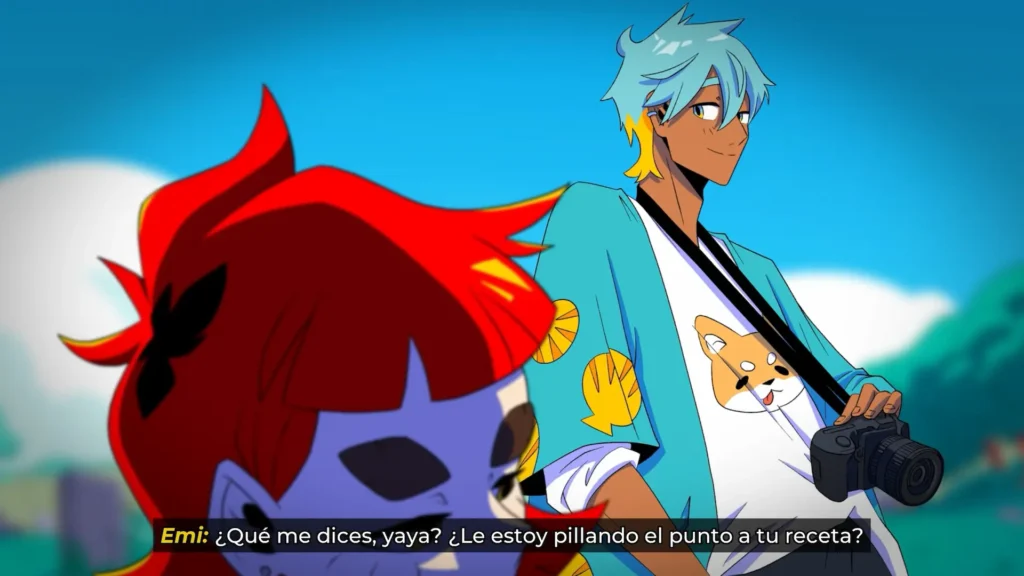 Emi comenta en alto, con Fernando a su lado, sobre una receta de su abuela en una escena de Denshattack!.