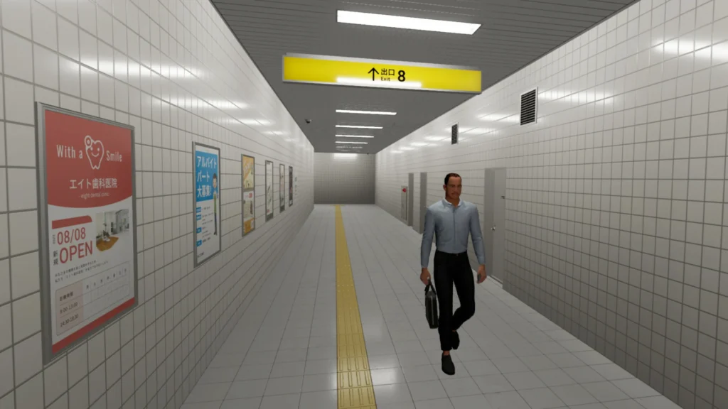 Exit 8: pasillo del metro con el cartel amarillo Salida 8 en el techo y un hombre de camisa blanca caminando hacia la cámara.