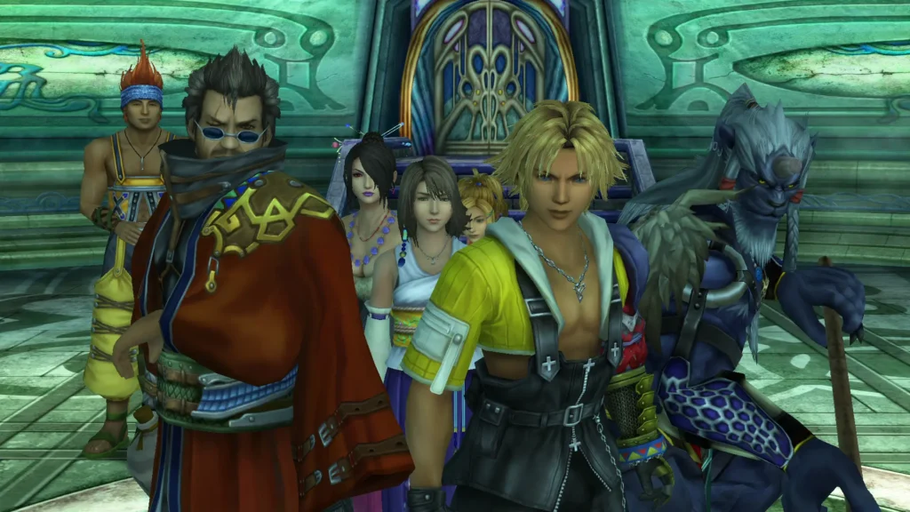 El grupo protagonista de Final Fantasy X reunido ante el templo: Tidus, Yuna, Auron, Lulu, Wakka, Rikku y Kimahri