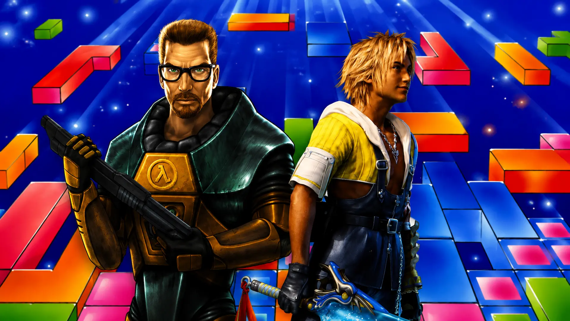 Gordon Freeman y Tidus de espaldas sobre un fondo de piezas de Tetris: ludología vs narratología