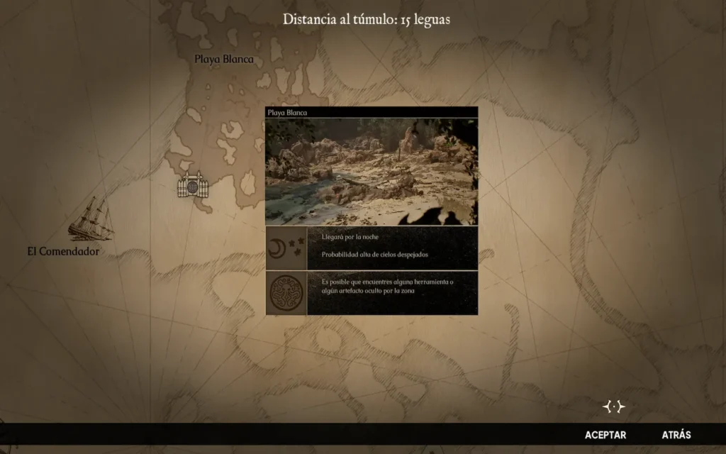 Mapa de expedición en The Mound: Omen of Cthulhu señalando Playa Blanca a 15 leguas desde el barco El Comendador.