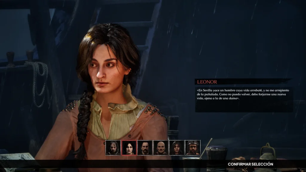 Selección de personaje en The Mound: Omen of Cthulhu: Leonor relata su pasado marcada por un asesinato en Sevilla.