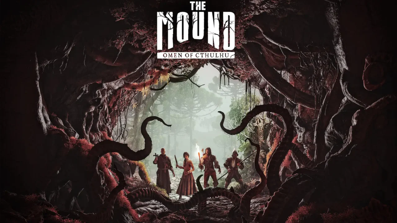 Portada de The Mound: Omen of Cthulhu con cuatro exploradores rodeados de tentáculos gigantes en una jungla oscura.