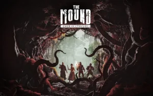 Portada de The Mound: Omen of Cthulhu con cuatro exploradores rodeados de tentáculos gigantes en una jungla oscura.