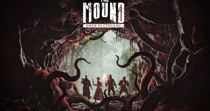 Portada de The Mound: Omen of Cthulhu con cuatro exploradores rodeados de tentáculos gigantes en una jungla oscura.