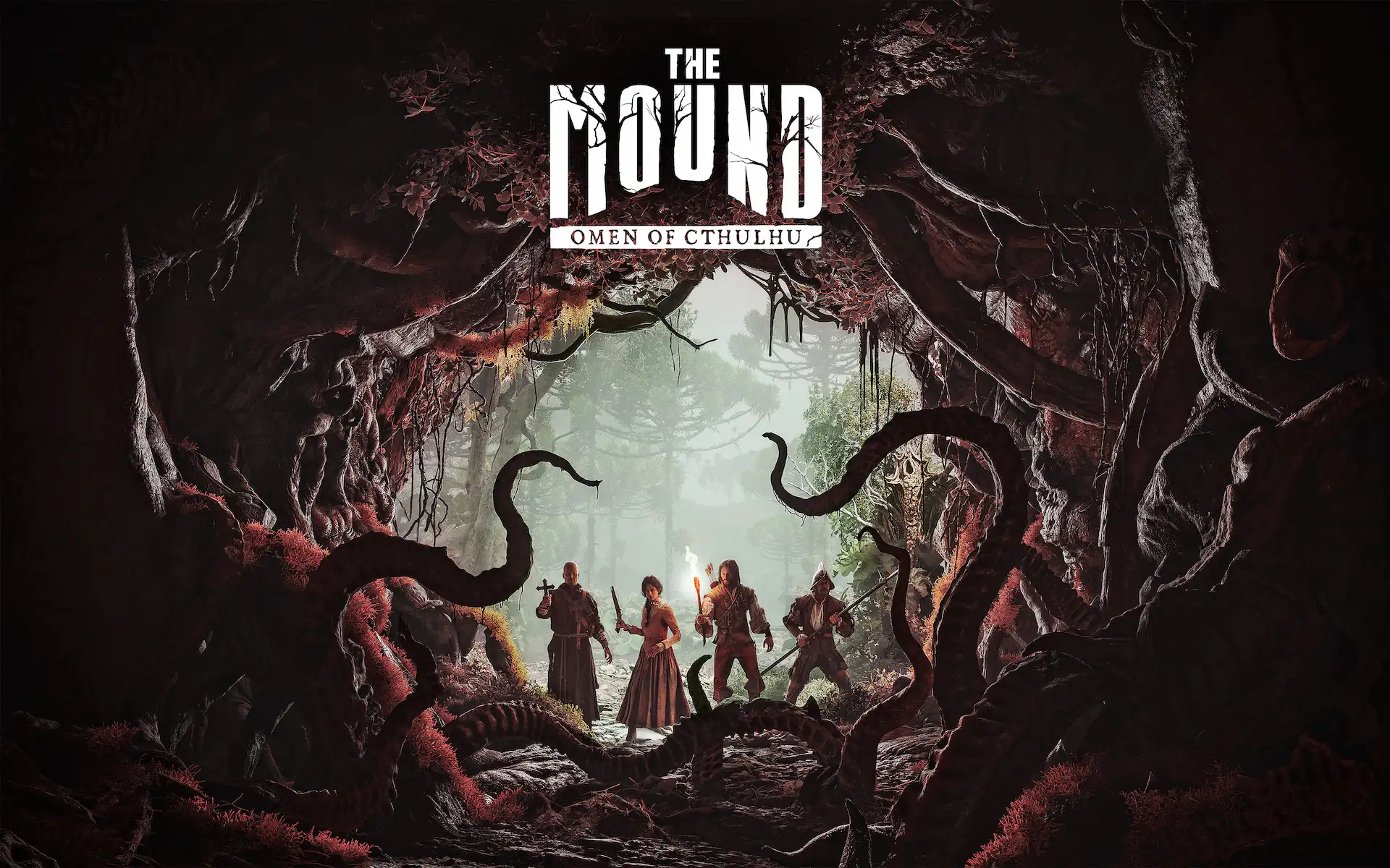 Portada de The Mound: Omen of Cthulhu con cuatro exploradores rodeados de tentáculos gigantes en una jungla oscura.