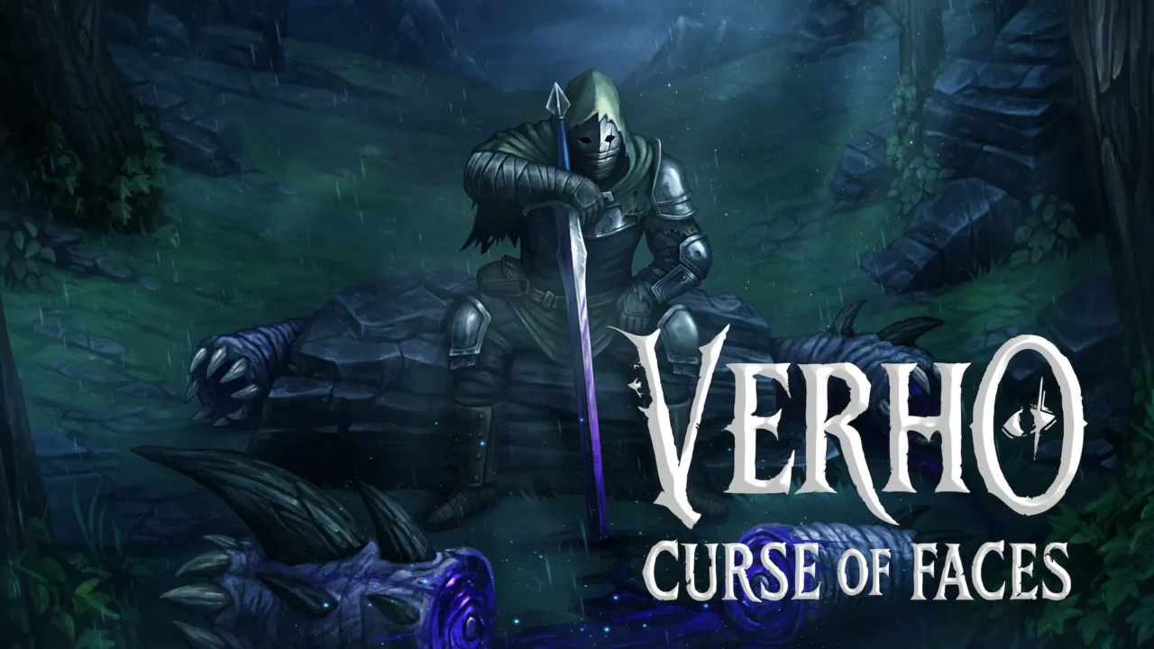 Portada de Verho: Curse of Faces con un caballero enmascarado sentado junto a restos de una criatura en el bosque.