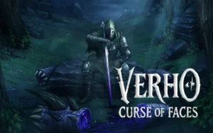 Portada de Verho: Curse of Faces con un caballero enmascarado sentado junto a restos de una criatura en el bosque.
