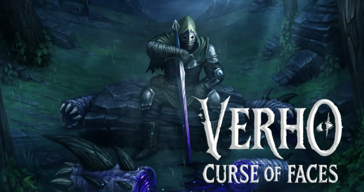 Portada de Verho: Curse of Faces con un caballero enmascarado sentado junto a restos de una criatura en el bosque.