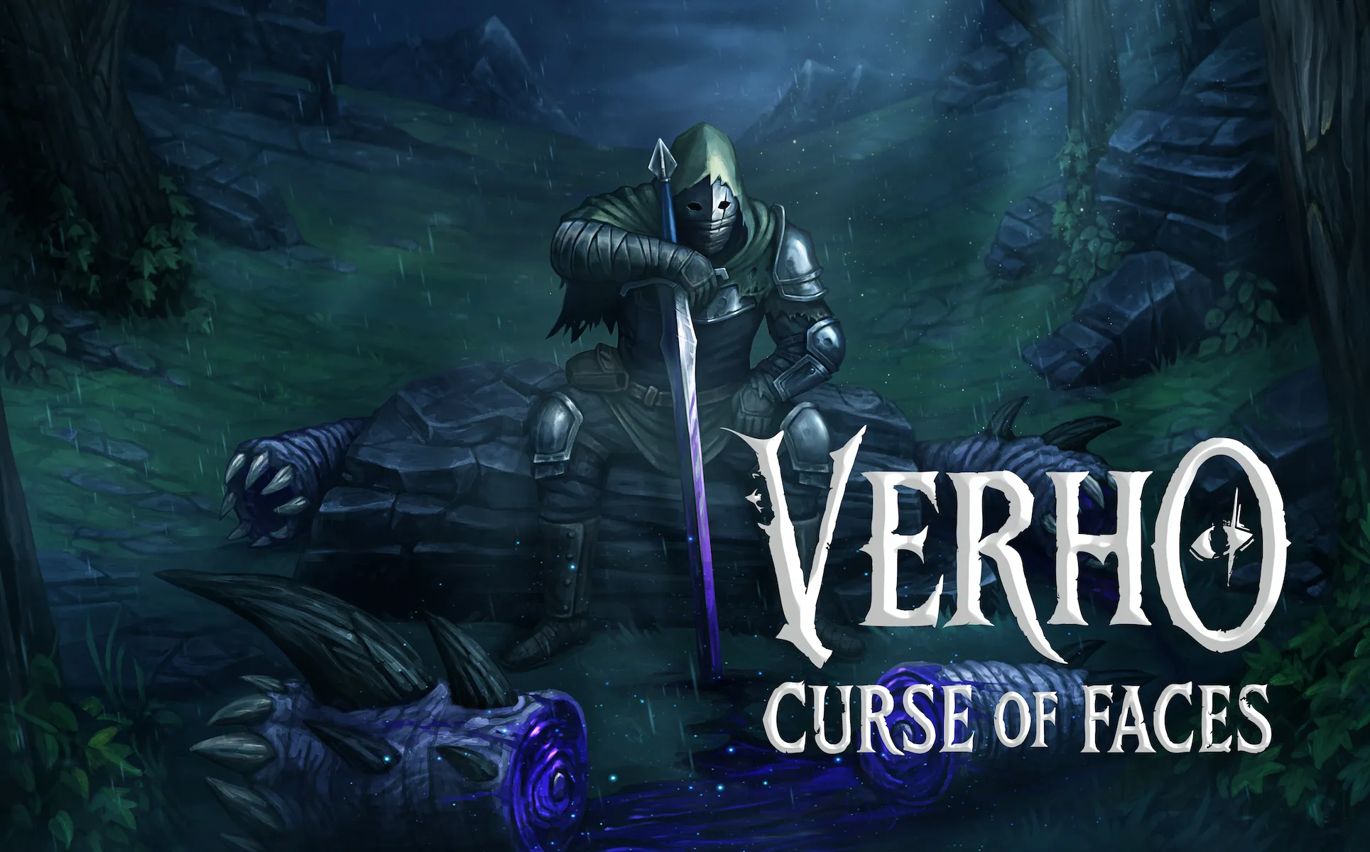 Portada de Verho: Curse of Faces con un caballero enmascarado sentado junto a restos de una criatura en el bosque.