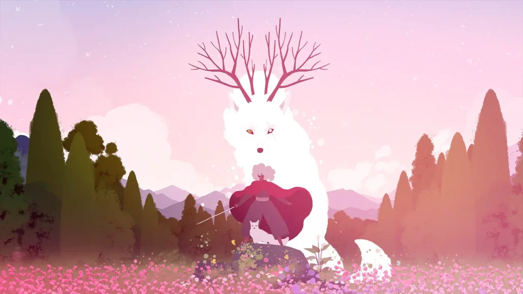 Escena de Neva, título de Nomada Studio, donde la protagonista se enfrenta a un espíritu de lobo gigante entre flores.