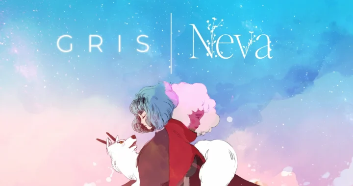 Arte promocional de Nomada Studio con las protagonistas de GRIS y Neva, unidas de espaldas junto a su lobo blanco.