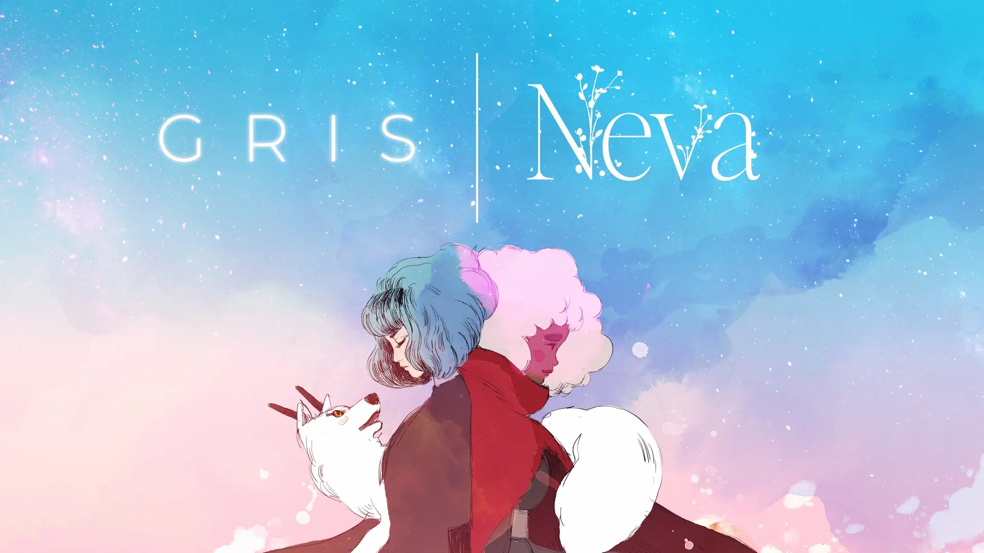 Arte promocional de Nomada Studio con las protagonistas de GRIS y Neva, unidas de espaldas junto a su lobo blanco.