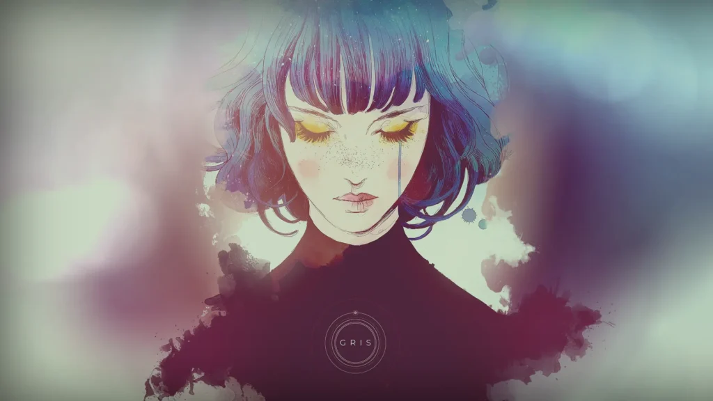 Retrato de la protagonista de GRIS, videojuego de Nomada Studio, con lágrimas amarillas y fondo de tinta oscura.