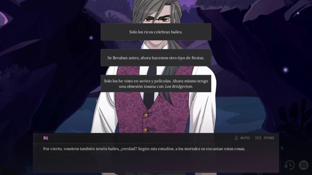 Conversación con Bú de Mythic Love donde puedes opinar sobre los bailes, incluyendo una opción que menciona a Los Bridgerton