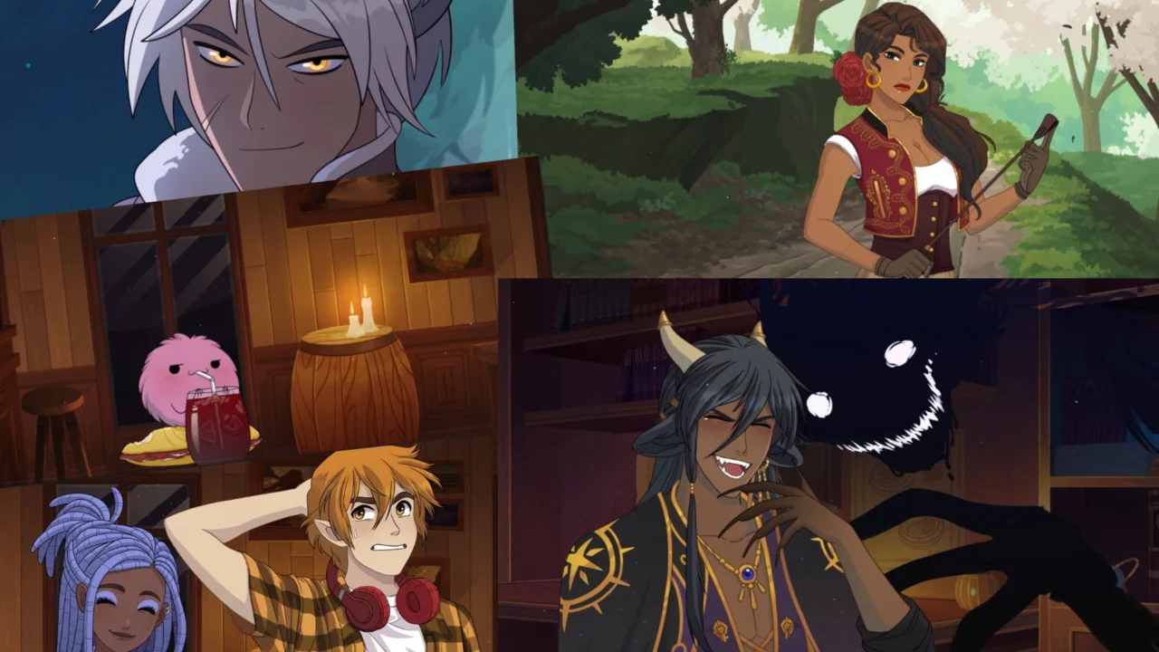 Composición de diversas escenas del juego de Mythic Love, donde se ven personajes como Coru, Gaueko, Tiago o Juana
