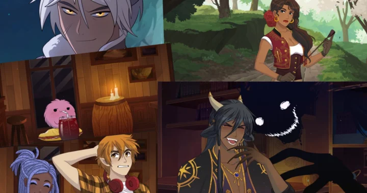 Composición de diversas escenas del juego de Mythic Love, donde se ven personajes como Coru, Gaueko, Tiago o Juana