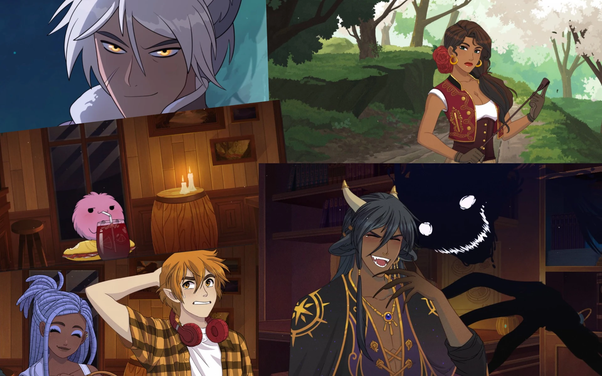 Composición de diversas escenas del juego de Mythic Love, donde se ven personajes como Coru, Gaueko, Tiago o Juana