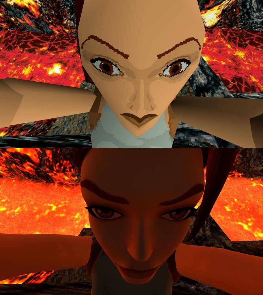 Comparativa del rostro de Lara Croft sobre lava: arriba gráficos originales pixelados y abajo gráficos remasterizados