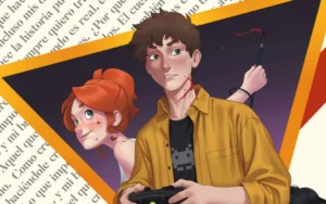 Portada de Que se mueran los gamers: un joven con un mando y una chica pelirroja con un pincel manchado de rojo