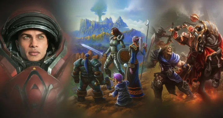 Collage con un marine de StarCraft, aventureros de World of Warcraft ante un árbol gigante y un jinete con maza