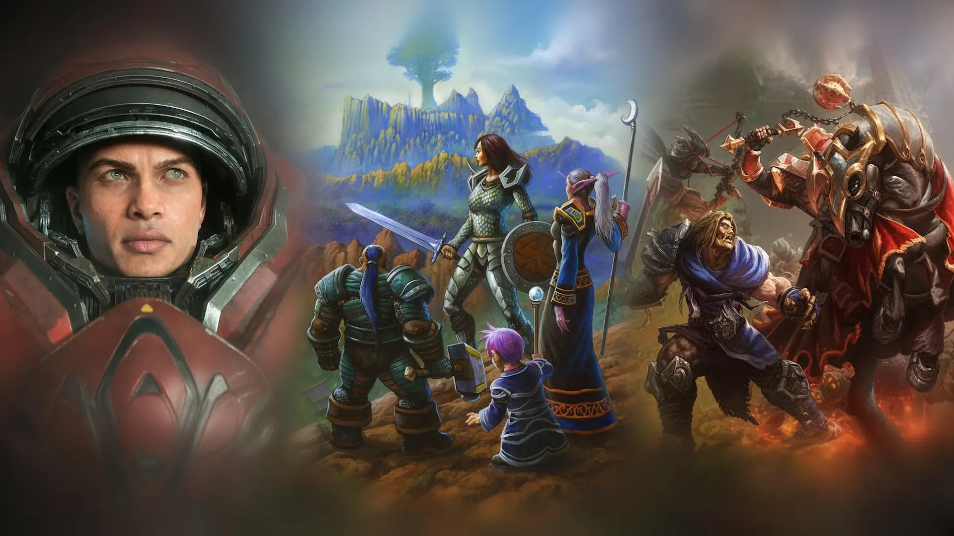 Collage con un marine de StarCraft, aventureros de World of Warcraft ante un árbol gigante y un jinete con maza