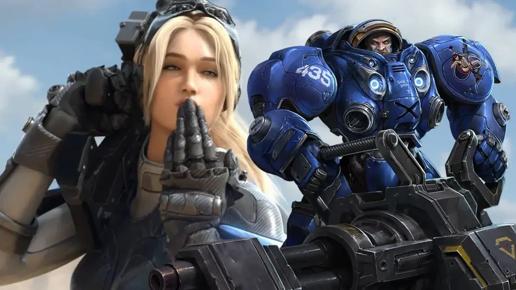 Nova lanzando un beso y un marine de armadura azul con ametralladora, personajes de StarCraft, sobre un cielo nublado