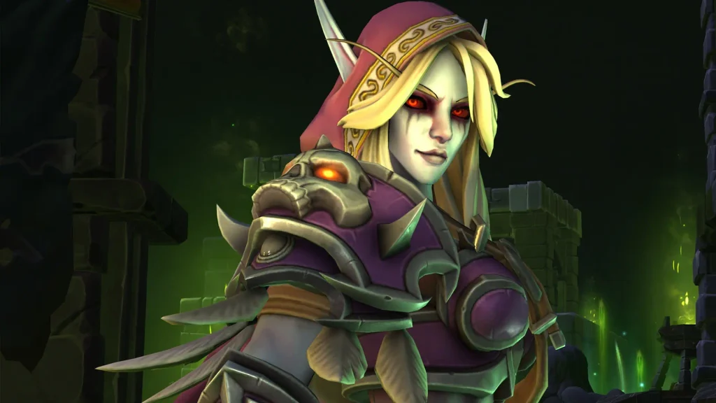 Sylvanas Brisaveloz con capucha, ojos rojos y armadura púrpura con hombrera de calavera, en Warcraft III Reforged
