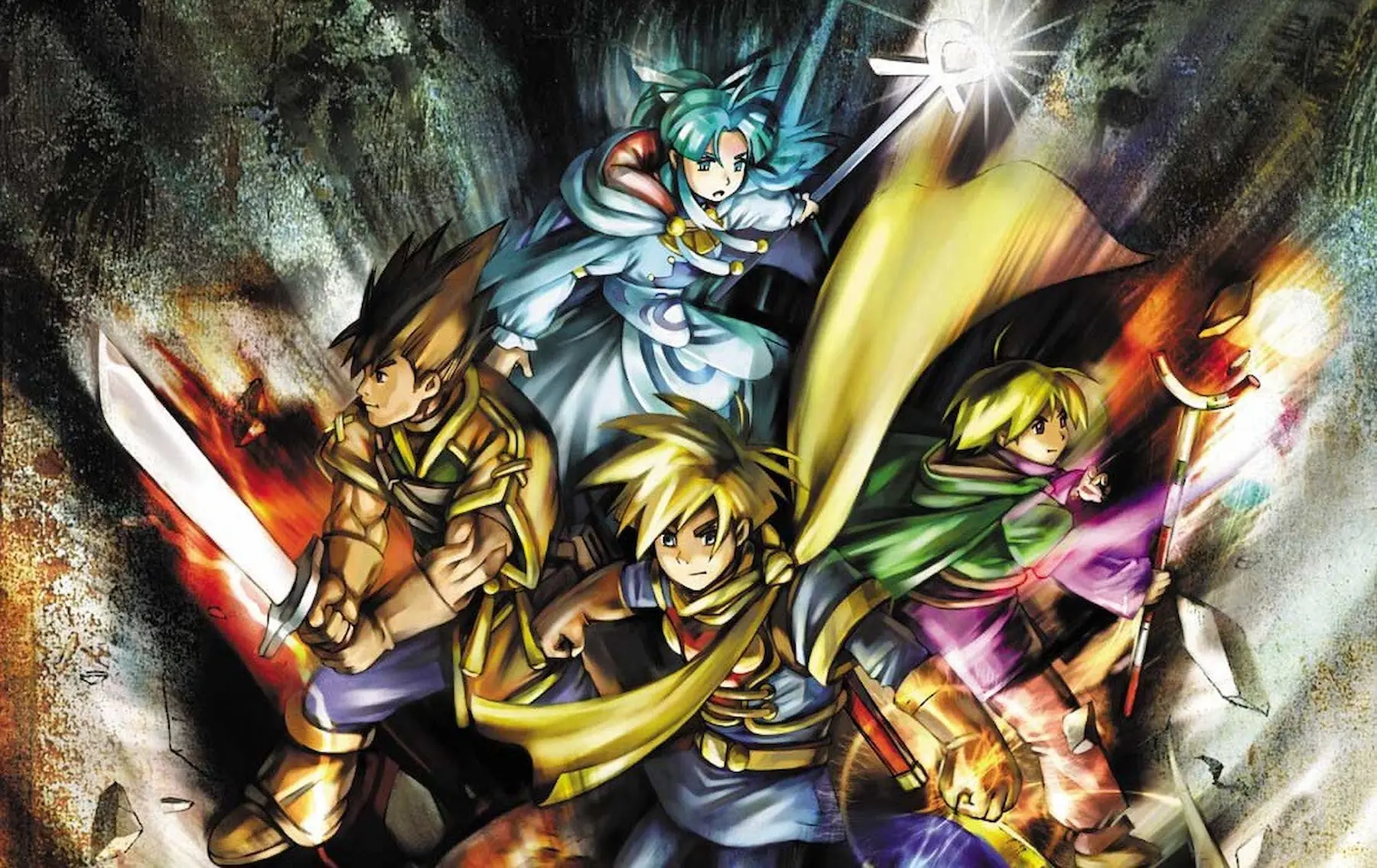 Arte oficial de Golden Sun con sus cuatro protagonistas armados y listos para la batalla en una cueva.