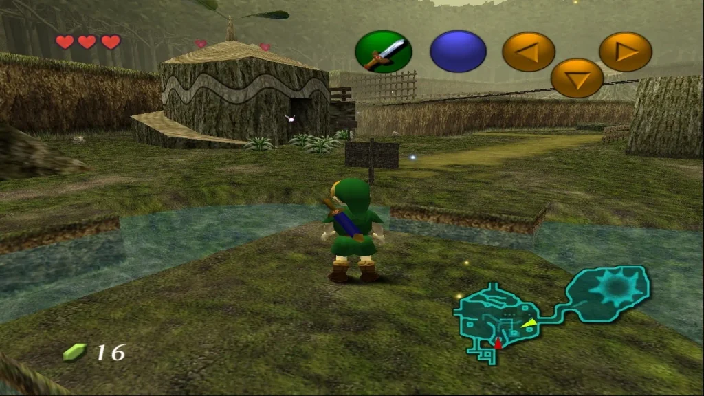 Link niño de espaldas junto a un cartel y una cabaña en Ocarina of Time, con corazones, botones y minimapa