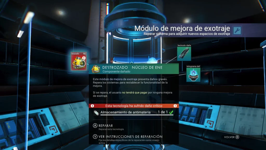 Obteniendo módulos de mejora del exotraje para ampliar el inventario en un contenedor de expulsión