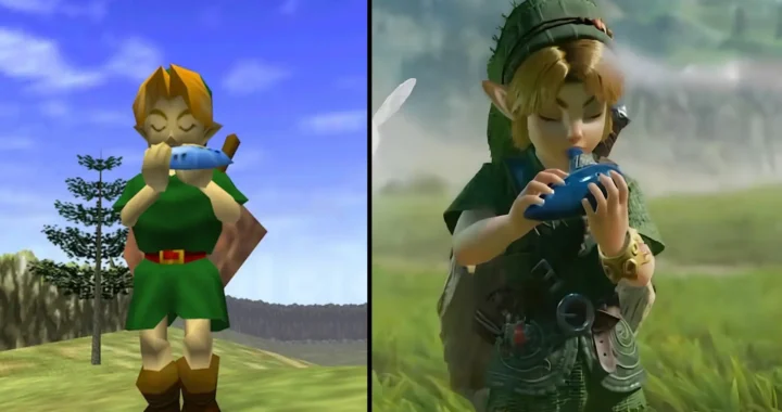 Link niño toca la ocarina en Ocarina of Time (1998), a la izquierda, y en el remake para Switch 2, a la derecha