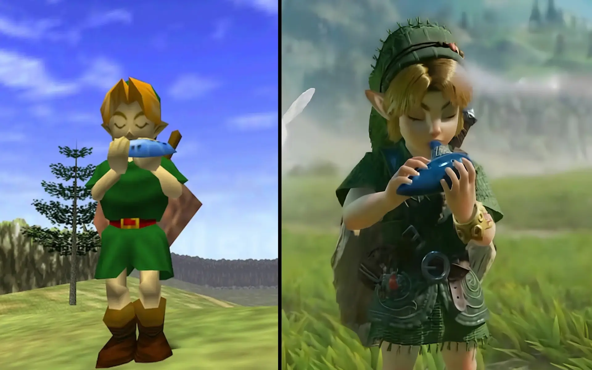 Link niño toca la ocarina en Ocarina of Time (1998), a la izquierda, y en el remake para Switch 2, a la derecha