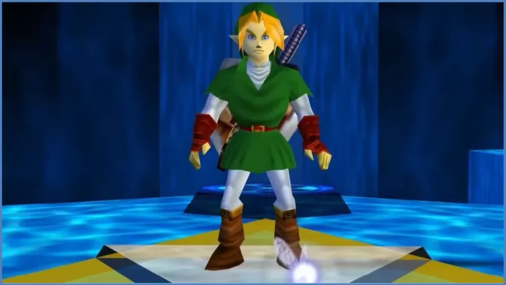 Link adulto de Ocarina of Time, con túnica verde y la espada a la espalda, en una cámara azul de suelo brillante