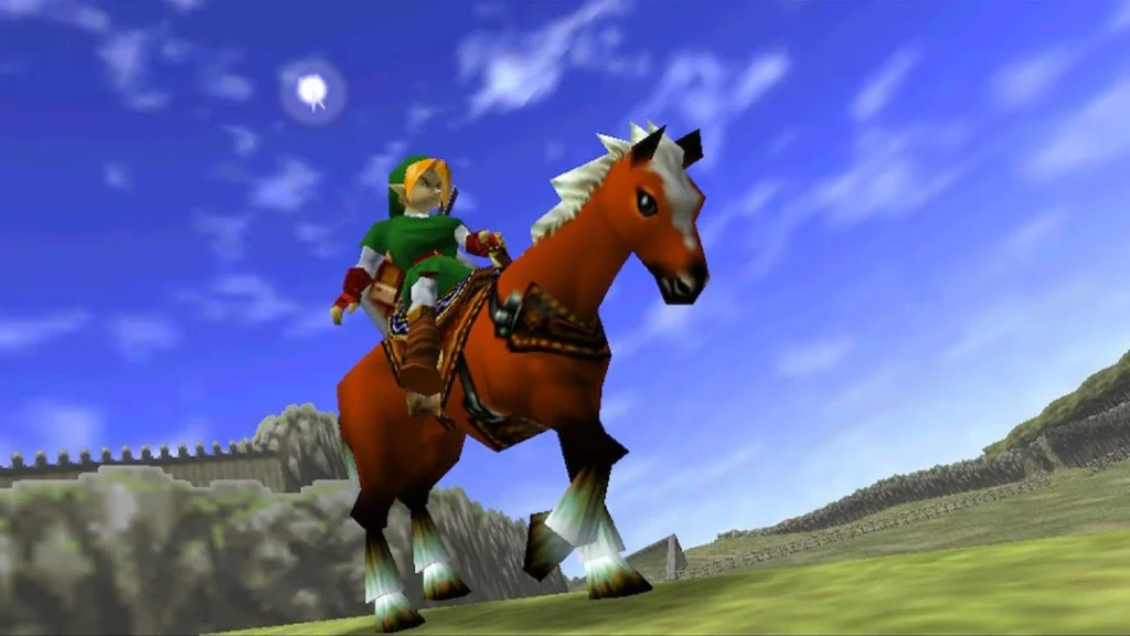 Link niño cabalga a lomos de Epona por el Campo de Hyrule en Ocarina of Time, con la muralla al fondo