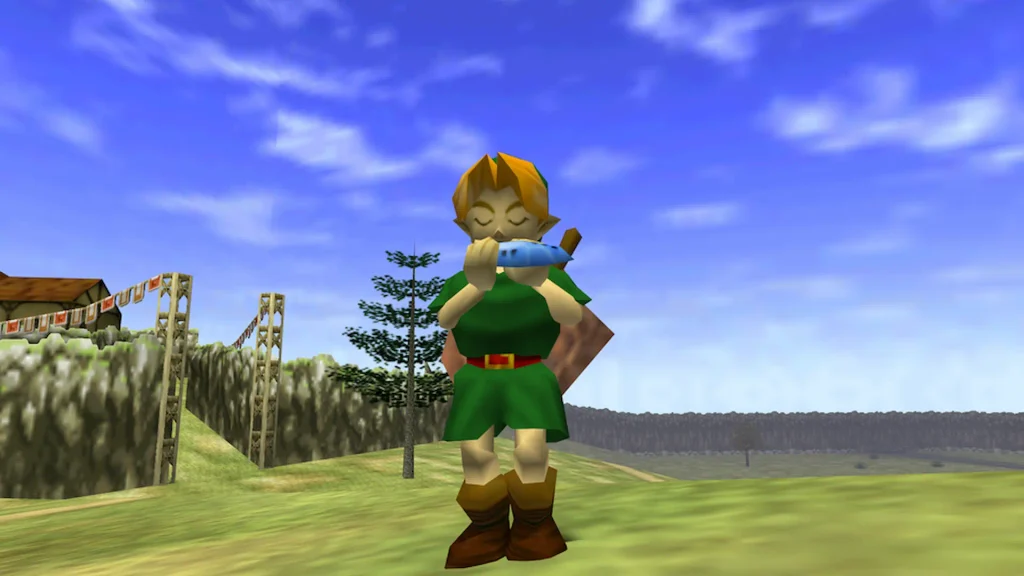 Link niño toca la ocarina sobre la hierba de Hyrule en Ocarina of Time, con un cielo azul de fondo