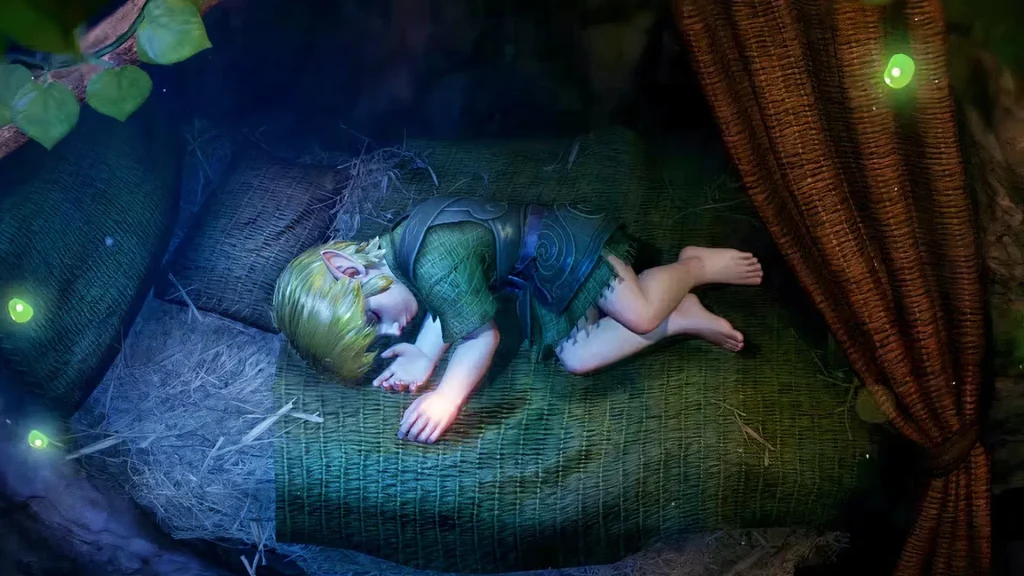 Link niño duerme en su cama de paja entre luciérnagas y una cortina roja en el remake de Ocarina of Time